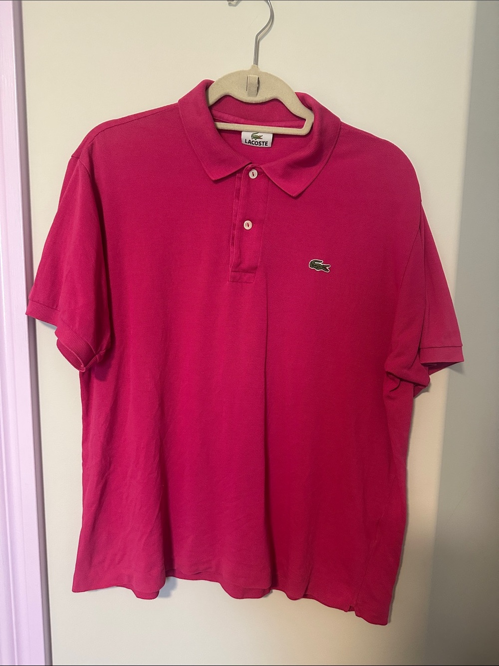 Lacoste Men's Bright Pink Polo Shirt with Signature Crocodile size 5/L